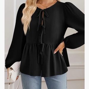 Tie front top. Long puff sleeve button peplum babydoll blouse. NWT